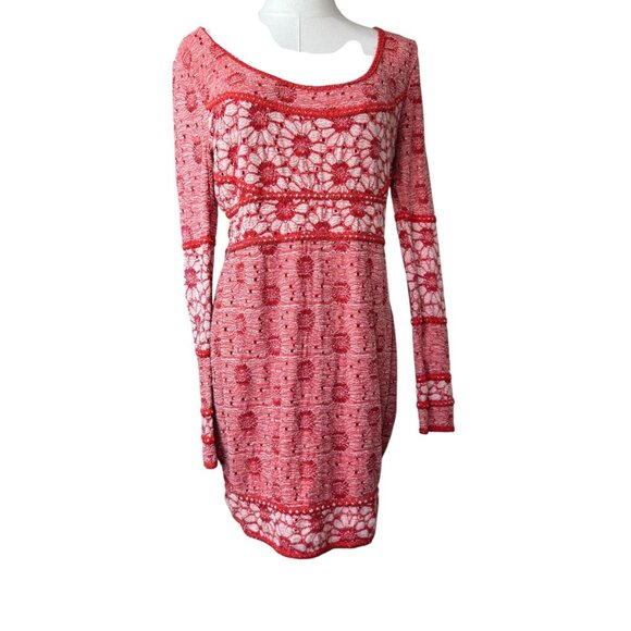 Free People Red Lace Crochet Knit Bodycon Mini Dress Size L Long Sleeve Boho - Picture 1 of 8
